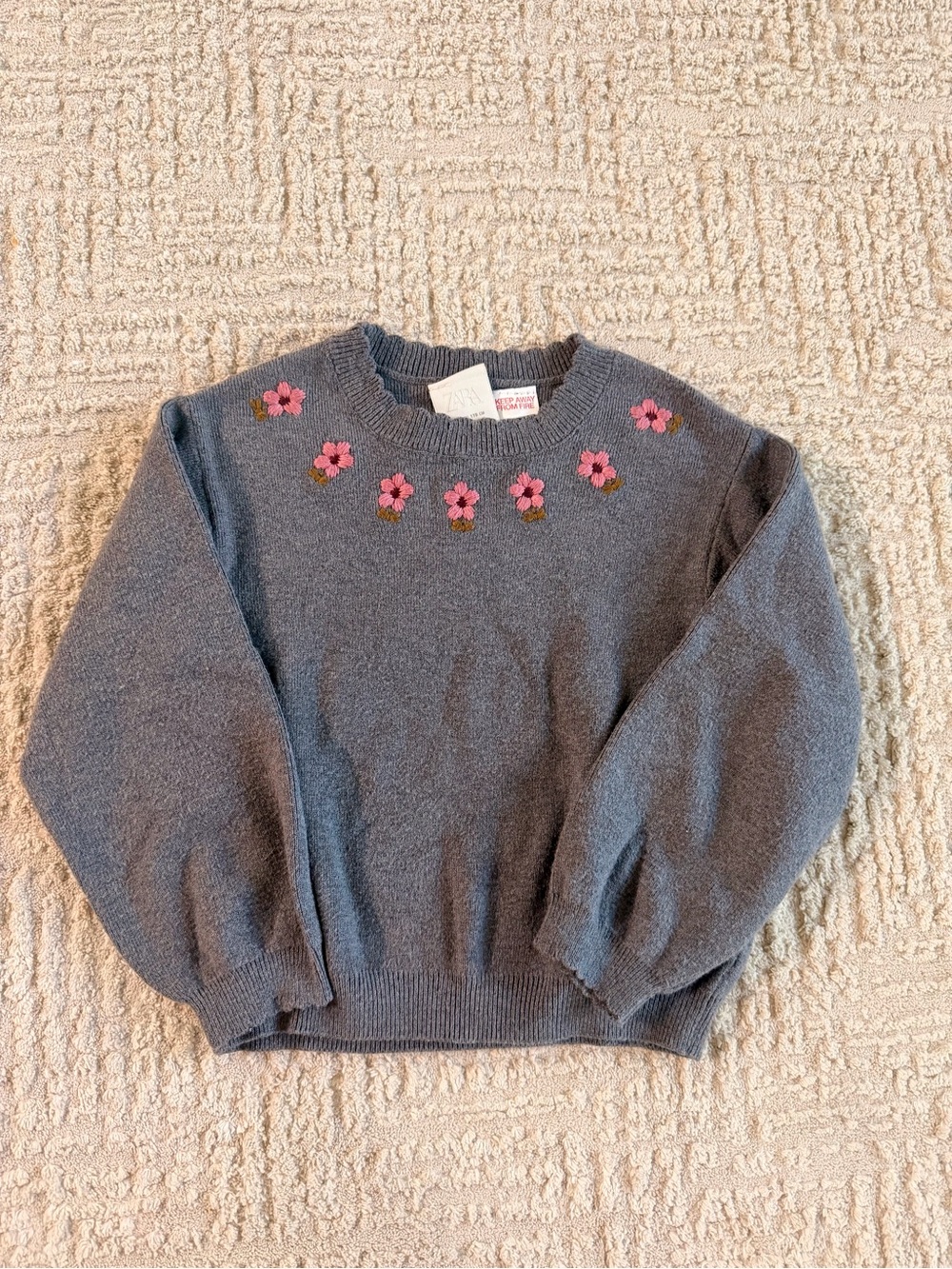 Zara Gray Sweater with Pink Flower Embroidery
